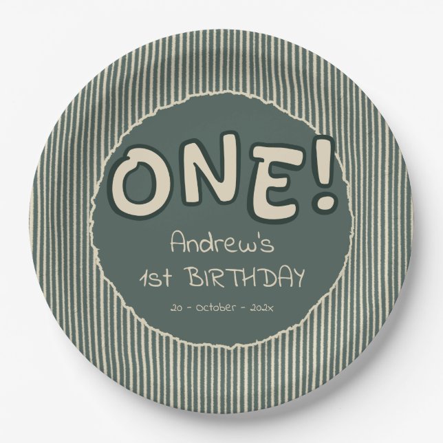 Dark Green Stripes 1st Birthday Paper Plate (Front)