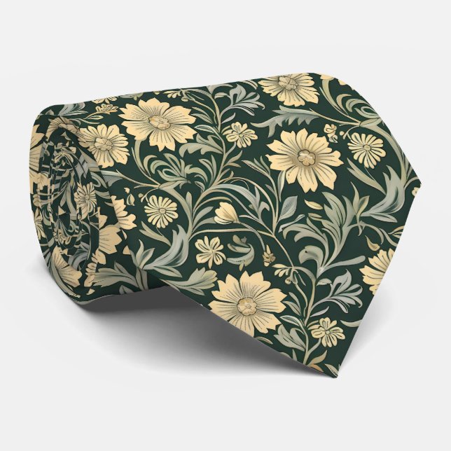 Dark green stylised yellow flowers  pattern  tie (Rolled)