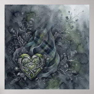 Dark Green Tartan Celtic Heart Thistle Poster