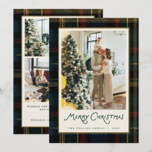 Dark Green Tartan Merry Christmas Family Photo Holiday Card