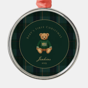 Dark Green Tartan Plaid Babys First Christmas Metal Tree Decoration