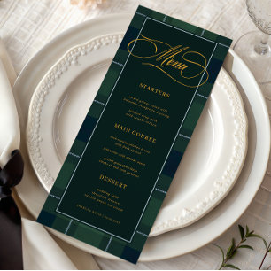 Dark Green Tartan Polo Plaid Check Vintage Wedding Menu