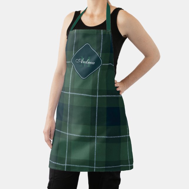 Dark Green Tartan Polo Plaid Vintage Monogram  Apron (Insitu)