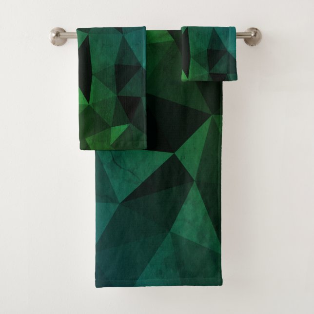 Dark green teal black geometric mesh pattern bath towel set (Insitu)