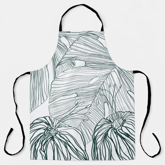 dark green & teal monstera leaves & lilies contour apron (Front)