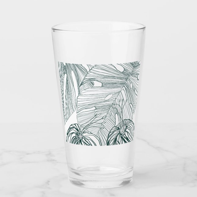 dark green & teal monstera leaves & lilies contour glass (Front)
