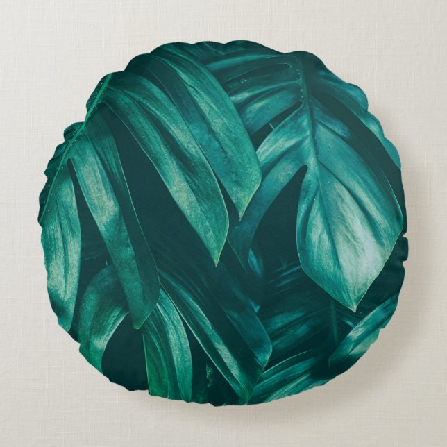 Dark green, tropical jungle foliage. round cushion (Front)