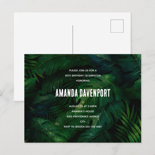 Dark Green Tropical Leaves Birthday Invitation Postcard (Front/Back)