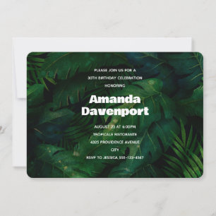 Dark Green Tropical Leaves Pattern Birthday Invitation