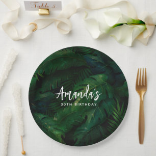 Dark Green Tropical Leaves Pattern Birthday Paper Plate