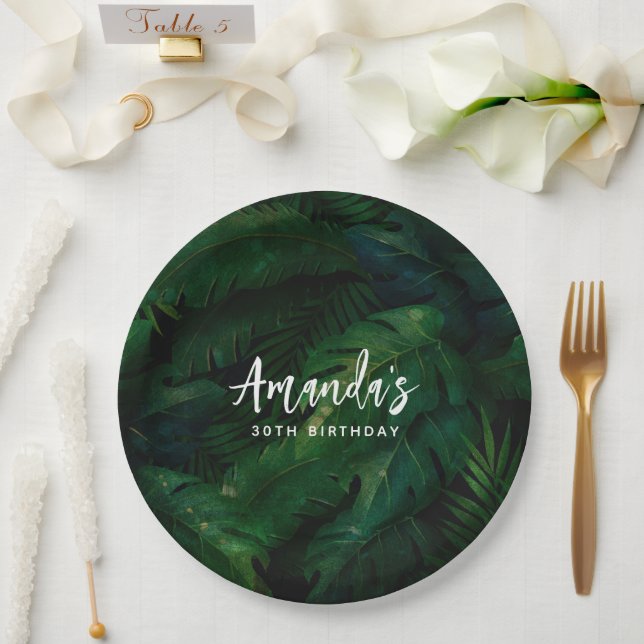 Dark Green Tropical Leaves Pattern Birthday Paper Plate (Wedding)