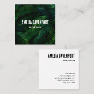 Dark Green Tropical Leaves Pattern Square Business Card