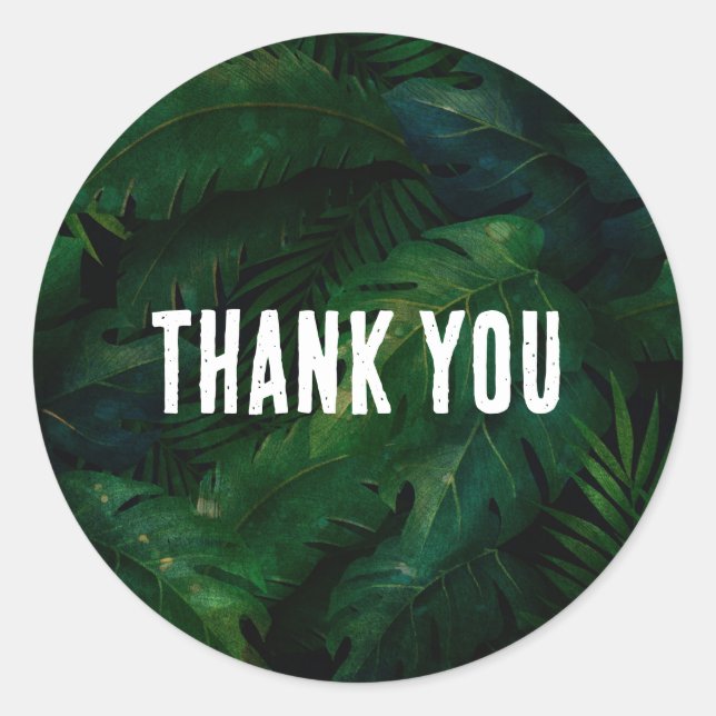 Dark Green Tropical Leaves Pattern Thank You Classic Round Sticker (Front)