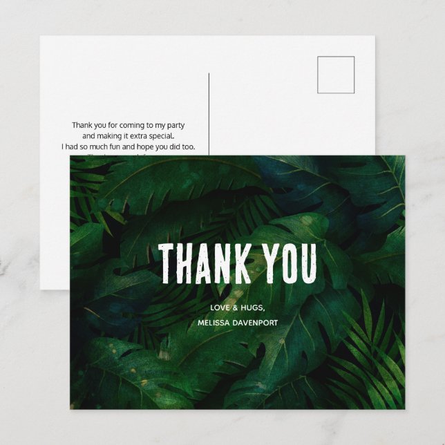Dark Green Tropical Leaves Pattern Thank You Postcard (Front/Back)