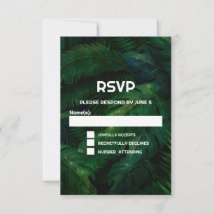 Dark Green Tropical Leaves Pattern Wedding RSVP Card