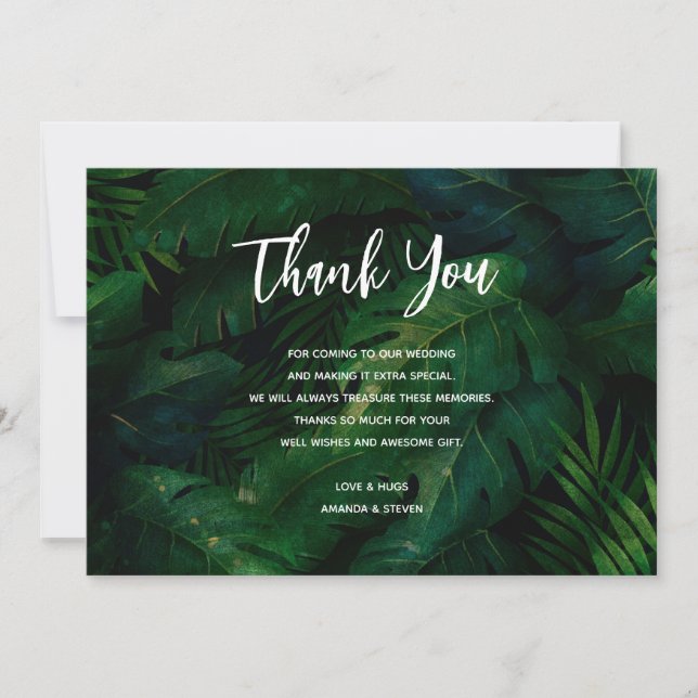 Dark Green Tropical Leaves Pattern Wedding Thank You Card (Front)