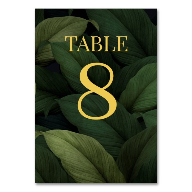 Dark Green Tropical Leaves Table Number (Front)