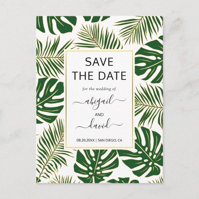 Dark green tropical leaves wedding Save the Date Announcement Postcard (Front)