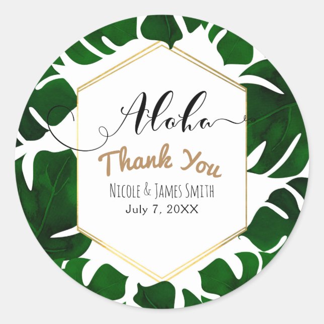 Dark Green Tropical Leaves White & Gold Wedding Classic Round Sticker (Front)