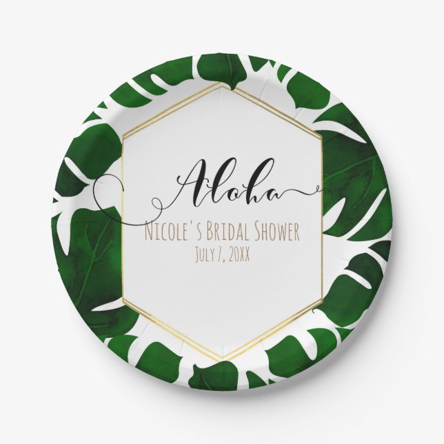 Dark Green Tropical Leaves White & Gold Wedding Paper Plate (Front)