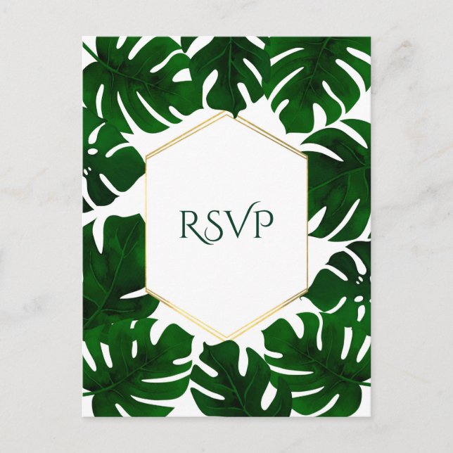 Dark Green Tropical Leaves White Gold Wedding RSVP Invitation Postcard (Front)