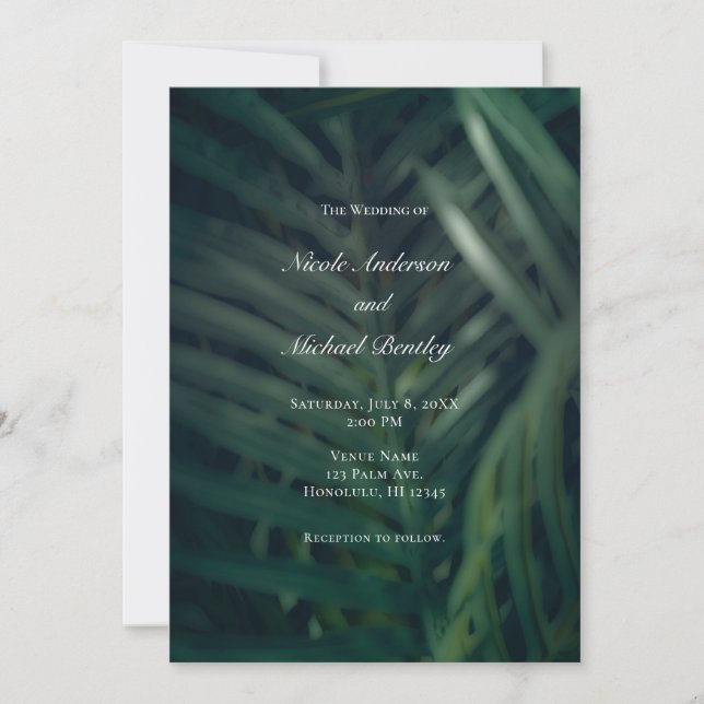 Dark Green Tropical Palm Leaves Elegant Wedding In Invitation (Front)