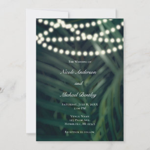 Dark Green Tropical Palm Leaves & Lights Wedding  Invitation