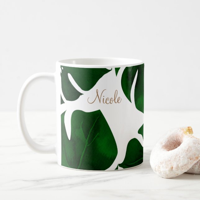 Dark Green Tropical Palm Leaves Summer Island Chic Coffee Mug (With Donut)