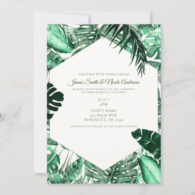 Dark Green Tropical Palm Leaves Summer Wedding Invitation (Front)