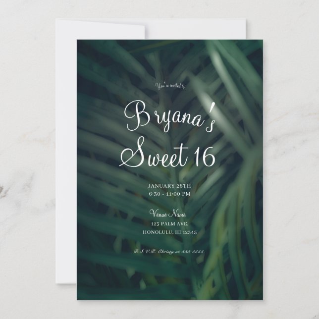 Dark Green Tropical Palm Leaves Sweet 16 Party Invitation (Front)