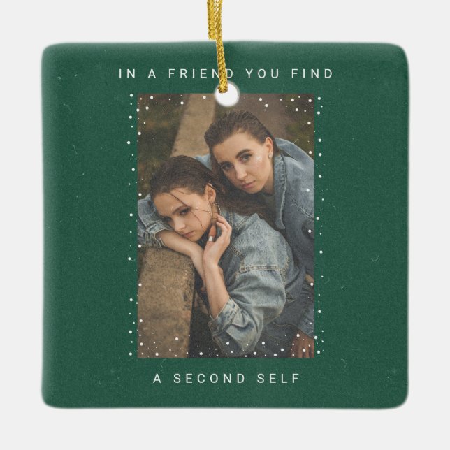 Dark Green Two Photo Snowfall Best Friends Photo Ceramic Ornament (Front)