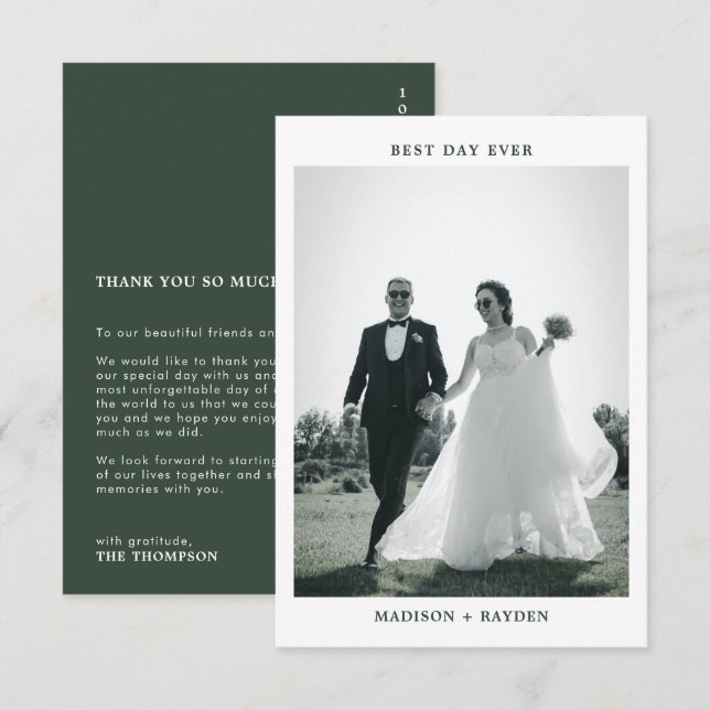 Dark Green Typography Photo Wedding Thank You Card (Front/Back)