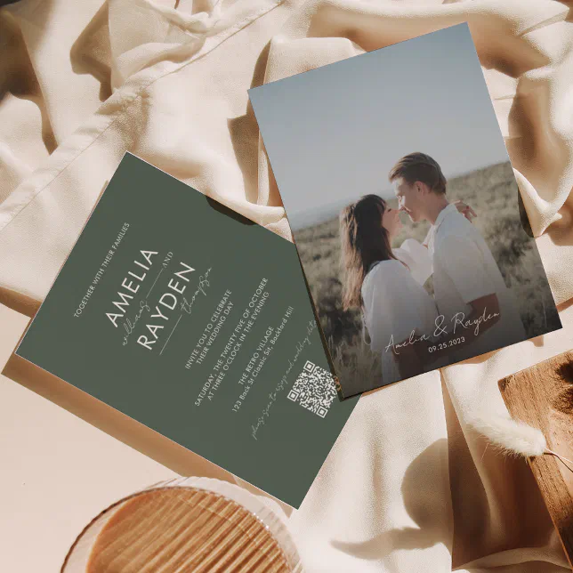 Dark Green Typography Script Photo QR Code Wedding Invitation | Zazzle