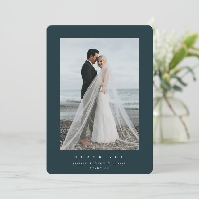 Dark Green Ultra Minimal Single Photo Wedding Thank You Card (Standing Front)