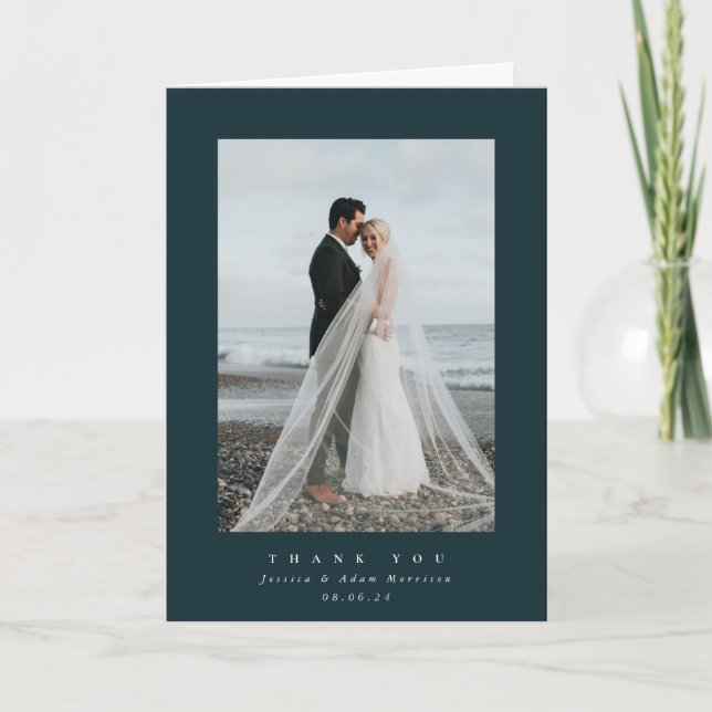 Dark Green Ultra Minimal Single Photo Wedding Thank You Card (Front)