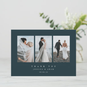 Dark Green Ultra Minimal Triple Photo Wedding Flat Thank You Card