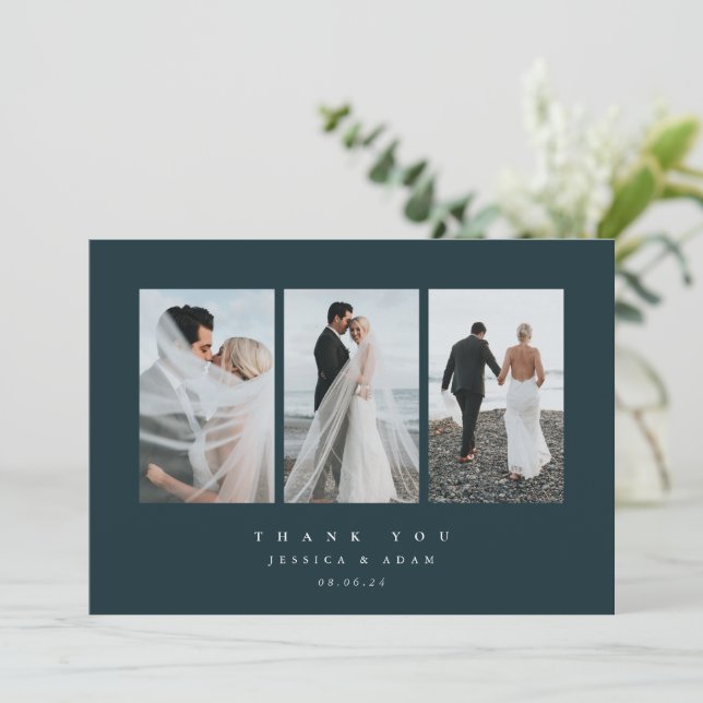 Dark Green Ultra Minimal Triple Photo Wedding Flat Thank You Card (Standing Front)