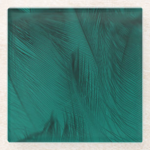 Dark Green Vintage Feather Texture Glass Coaster