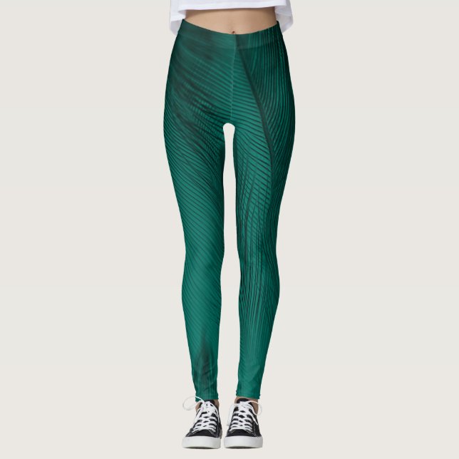 Dark Green Vintage Feather Texture Leggings (Front)