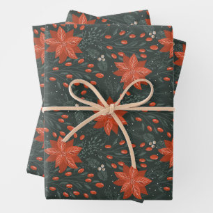 Dark Green Vintage Poinsettia Christmas Botanical Wrapping Paper Sheet
