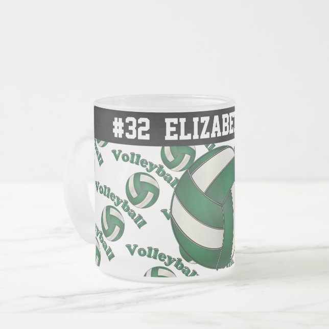 Dark Green Volleyball | Personalise Frosted Glass Coffee Mug (Front Left)