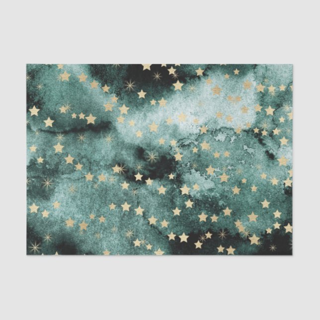 Dark Green Water Colour with Gold Stars Tissue Paper (Front)