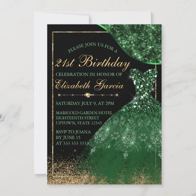 Dark Green Watercolor Dress 21st Birthday Invitation (Front)