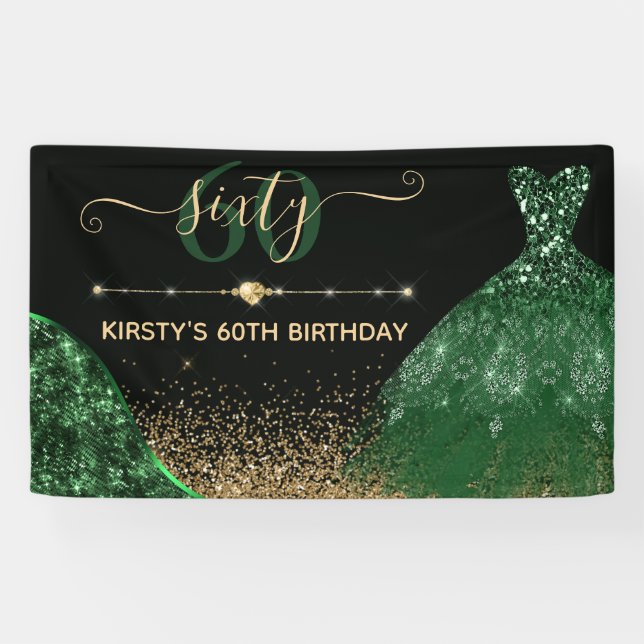 Dark Green Watercolor Dress Birthday Banner (Horizontal)
