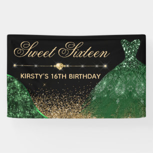 Dark Green Watercolor Dress & wave border Sweet 16 Banner