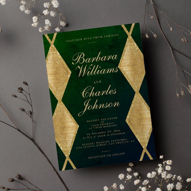 Dark green watercolor gold glitter diamond wedding invitation (Dark green watercolor gold glitter diamond wedding)