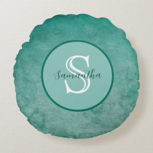 Dark Green Watercolor Personalised Monogram Throw  Round Cushion