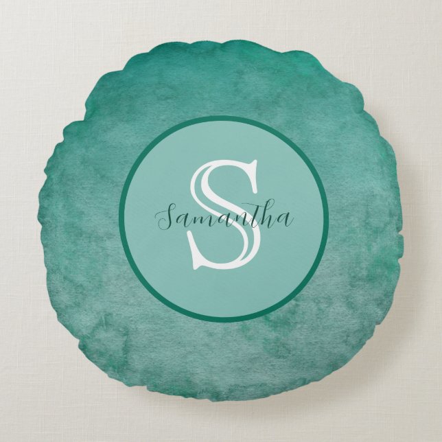 Dark Green Watercolor Personalised Monogram Throw  Round Cushion (Front)