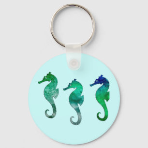 Dark Green Watercolor Seahorses Key Ring