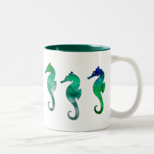 Dark Green Watercolor Seahorses Two-Tone Coffee Mug